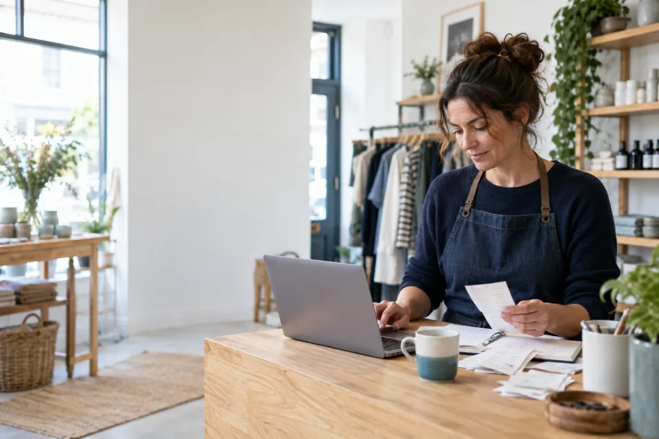 Illustrative small-business owner reviewing figures at a desk