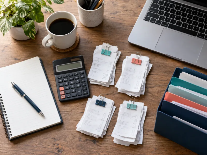 Illustrative organised business records and calculator on a desk